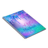Chic blue paarse ombre glitter druppelt monogram notitieboek (Rechterzijde)