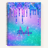 Chic blue paarse ombre glitter druppelt monogram notitieboek (Voorkant)