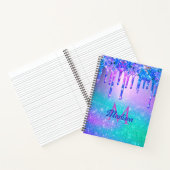 Chic blue paarse ombre glitter druppelt monogram notitieboek (Binnen)