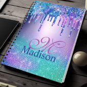 Chic blue paarse ombre glitter druppelt monogram notitieboek