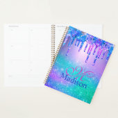 Chic blue paarse ombre glitter druppelt monogram planner (Display)