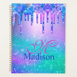 Chic blue paarse ombre glitter druppelt monogram planner