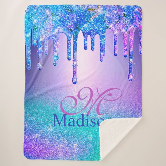 Chic blue paarse ombre glitter druppelt monogram sherpa deken (Voorkant)