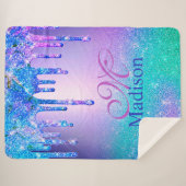 Chic blue paarse ombre glitter druppelt monogram sherpa deken (Voorkant (horizontaal))