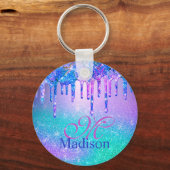 Chic blue paarse ombre glitter druppelt monogram sleutelhanger (Achterkant)