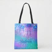 Chic blue paarse ombre glitter druppelt monogram tote bag (Voorkant)