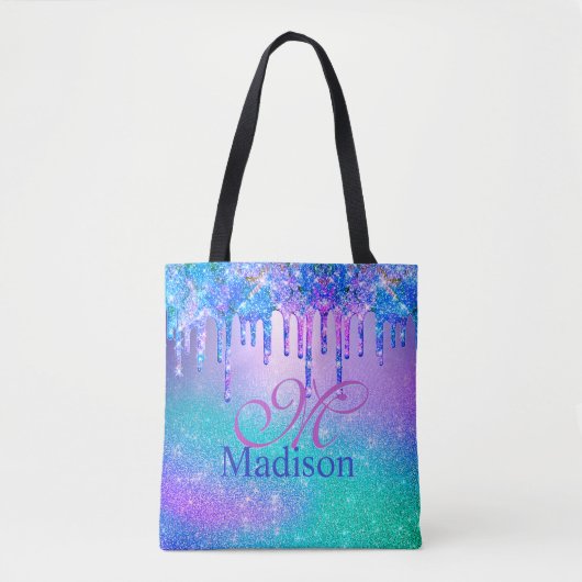 Chic blue paarse ombre glitter druppelt monogram tote bag (Voorkant)