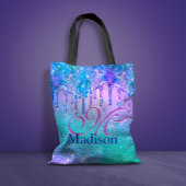 Chic blue paarse ombre glitter druppelt monogram tote bag
