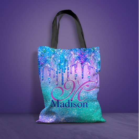 Chic blue paarse ombre glitter druppelt monogram tote bag