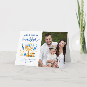 Chic Blue Peace Love Latkes Happy Hanukkah Photo Feestdagen Kaart