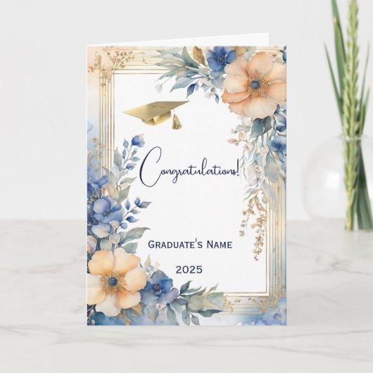 Chic Blue Peach Bloemen Gepersonaliseerd Afstudere Kaart (Voorkant)