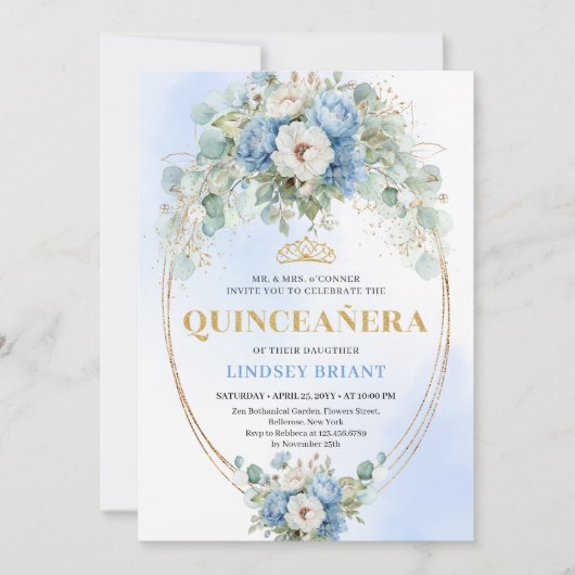 Chic Blue Peony Gold Script Quinceañera Invite Kaart (Voorkant)