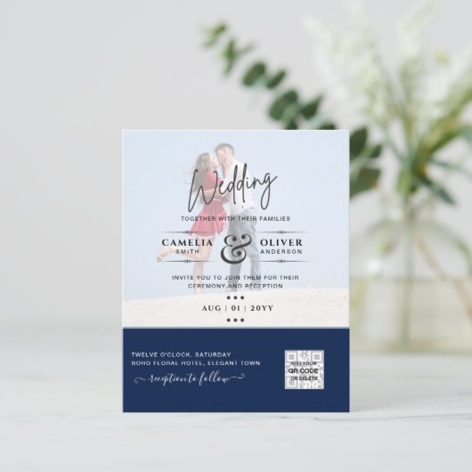 Chic Blue Photo Wedding nodigt QR Code Save Date u (Staand voorkant)