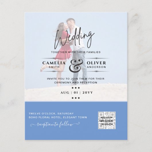 Chic Blue Photo Wedding nodigt QR Code Save Date u Flyer (Voorkant)