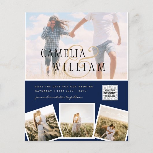 Chic Blue Photo Wedding nodigt QR Code Save Date u Flyer (Voorkant)