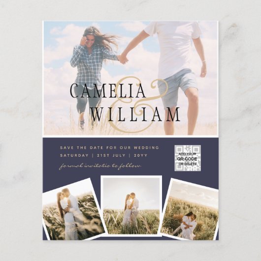 Chic Blue Photo Wedding nodigt QR Code Save Date u Flyer (Voorkant)