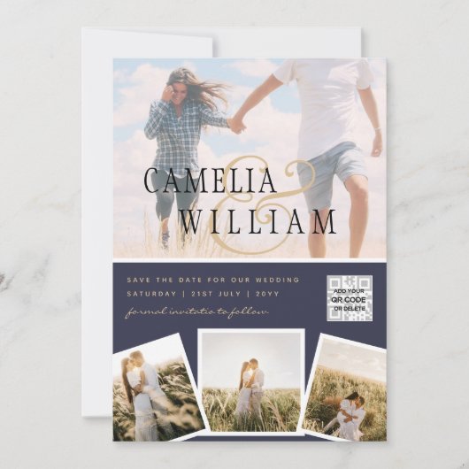 Chic Blue Photo Wedding nodigt QR Code Save Date u Kaart (Voorkant)