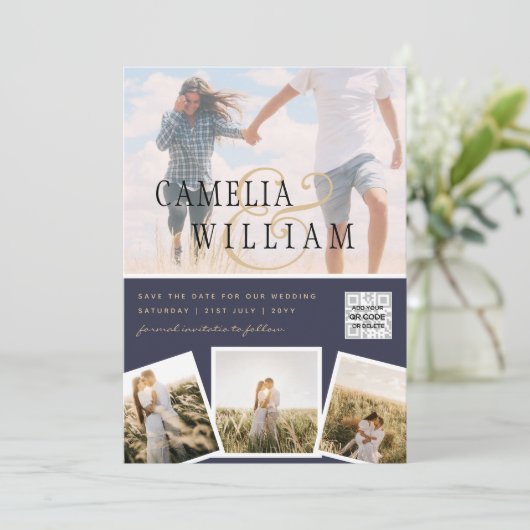 Chic Blue Photo Wedding nodigt QR Code Save Date u Kaart (Staand voorkant)