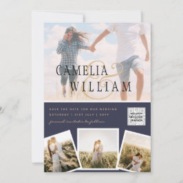 Chic Blue Photo Wedding nodigt QR Code Save Date u Kaart