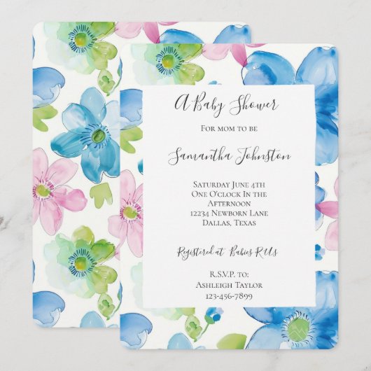 Chic Blue Pink Flowers Baby shower Kaart (Voorkant / Achterkant)