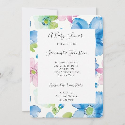 Chic Blue Pink Flowers Baby shower Kaart (Voorkant)