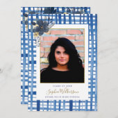 Chic Blue Plaid en Flowers Afstuderen Foto Aankondiging (Voorkant / Achterkant)