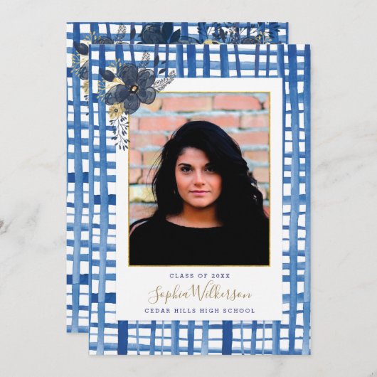 Chic Blue Plaid en Flowers Afstuderen Foto Aankondiging (Voorkant / Achterkant)