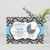 Chic Blue Polka Dot Damask Baby shower Invite Kaart (Staand voorkant)