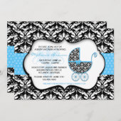 Chic Blue Polka Dot Damask Baby shower Invite Kaart (Voorkant / Achterkant)