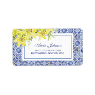 Chic Blue Portugees Azulejo Gele Lelie Adres Etiket
