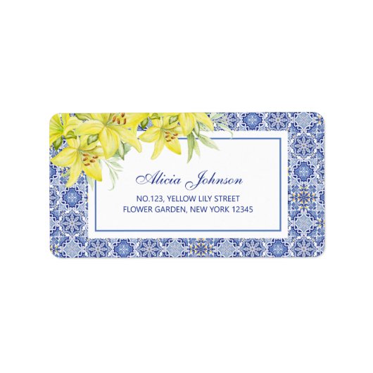 Chic Blue Portugees Azulejo Gele Lelie Adres Etiket (Voorkant)