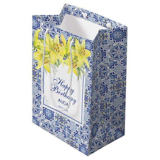 Chic Blue Portugese Azulejo Gele Lelie Medium Cadeauzakje (Voorkant Gekanteld)