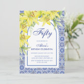 Chic Blue Portugese Azulejo Lily Floral Verjaardag Kaart (Staand voorkant)