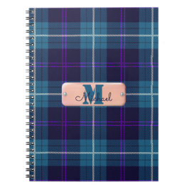 Chic Blue Pset Tartan Coral Pink Monogram Script Notitieboek