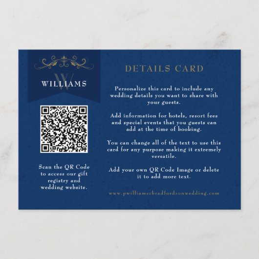 Chic Blue QR Code Wedding Kaart Invoegen (Voorkant)