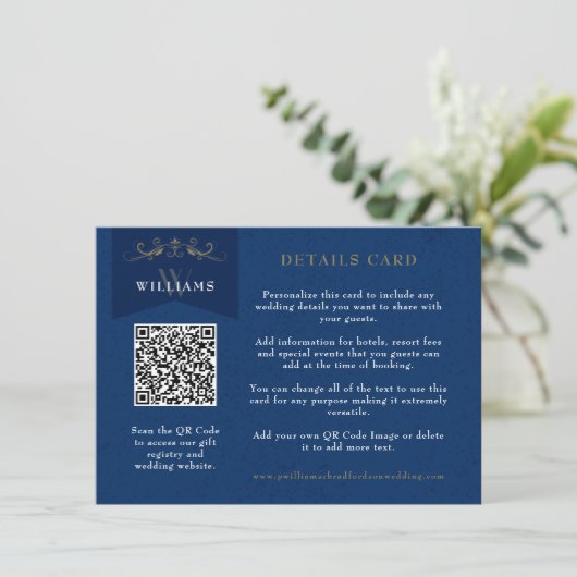 Chic Blue QR Code Wedding Kaart Invoegen (Staand voorkant)