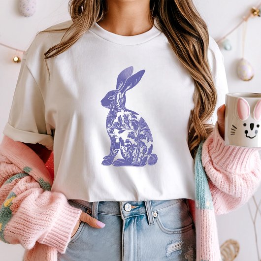Chic Blue Rabbit Silhouette T-shirt; Floral Bunny T-shirt
