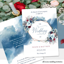 Chic Blue Red Burgundy Floral Waterverf Wedding Kaart