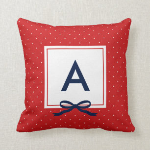 Chic Blue Ribbon Red Polka Dot Pattern Monogram Kussen
