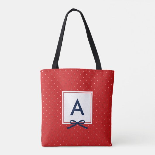 Chic Blue Ribbon Red Polka Dot Pattern Monogram Tote Bag (Achterkant)