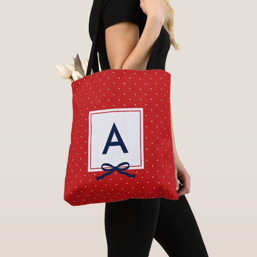 Chic Blue Ribbon Red Polka Dot Pattern Monogram Tote Bag (Dichtbij)