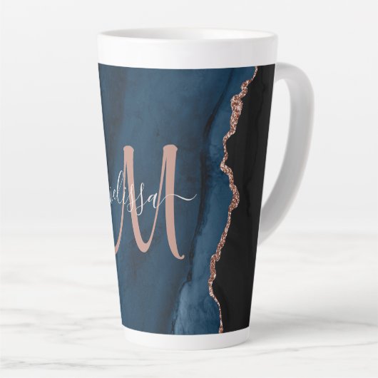 Chic Blue Roos Gold Agate Custom Script Monogram Latte Mok (Rechterhoek)