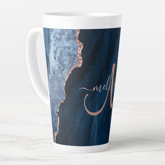 Chic Blue Roos Gold Agate Custom Script Monogram Latte Mok (Linkerhoek)