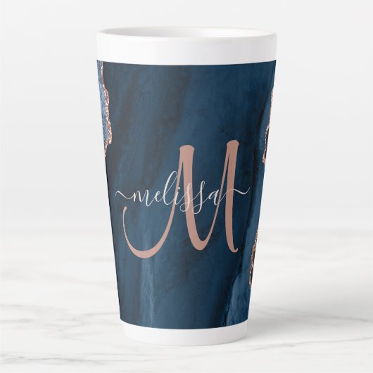 Chic Blue Roos Gold Agate Custom Script Monogram Latte Mok (Voorkant)