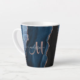 Chic Blue Roos Gold Agate Custom Script Monogram Latte Mok