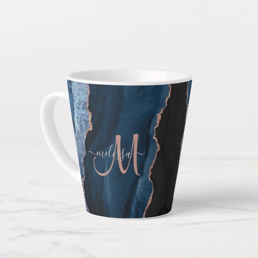 Chic Blue Roos Gold Agate Custom Script Monogram Latte Mok (Linkerhoek)