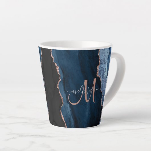Chic Blue Roos Gold Agate Custom Script Monogram Latte Mok (Rechterhoek)