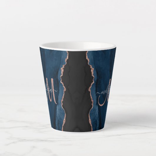 Chic Blue Roos Gold Agate Custom Script Monogram Latte Mok (Voorkant)