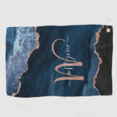 Chic Blue Roos Gold Agate Glitter Custom Monogram Golfhanddoek (Horizontaal)