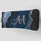 Chic Blue Roos Gold Agate Glitter Custom Monogram Golfheadcover (Voorkant)
